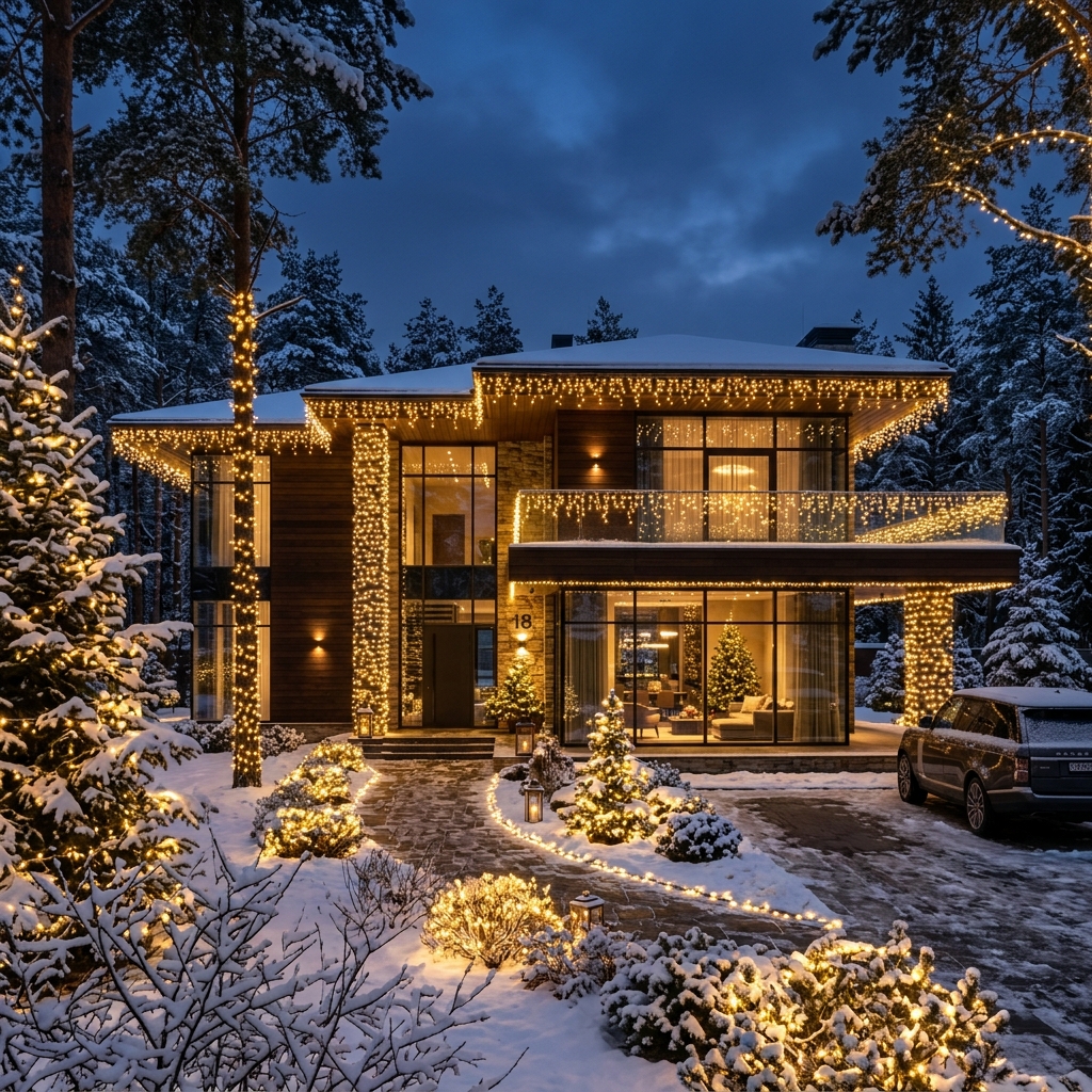 Home decorated with warm glowing holiday lights at night